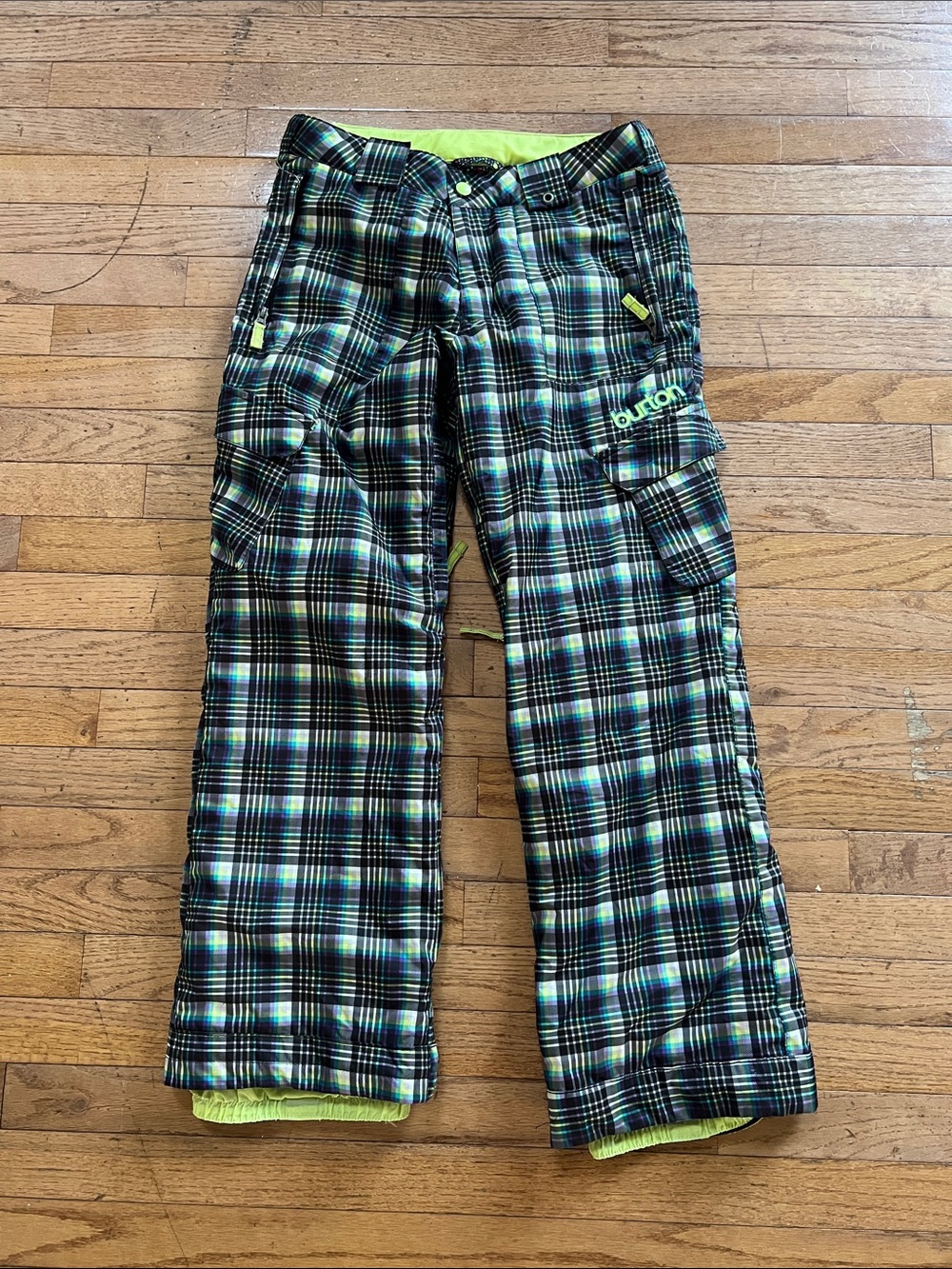 Burton DryRide Plaid Snow Pants Kids XL US 18 Green Blue Insulated Ski Snowboard